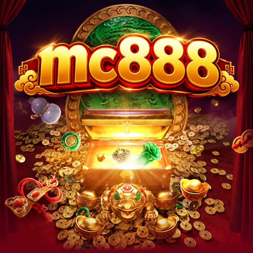 mc888 dengan peti harta karun bercahaya penuh koin emas dan giok pada Jewels Prosper