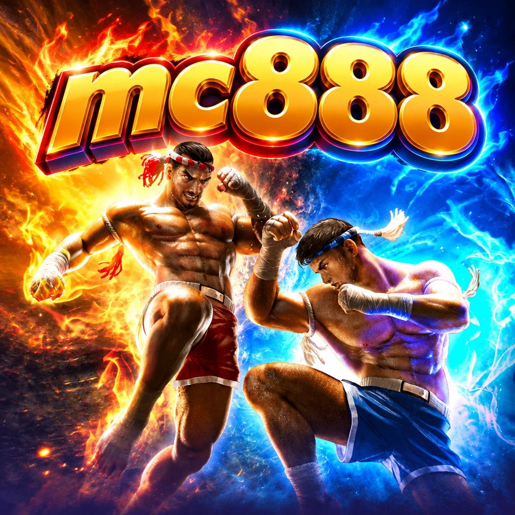mc888 menampilkan dua petarung Muay Thai Champion dengan efek api merah dan biru yang membara
